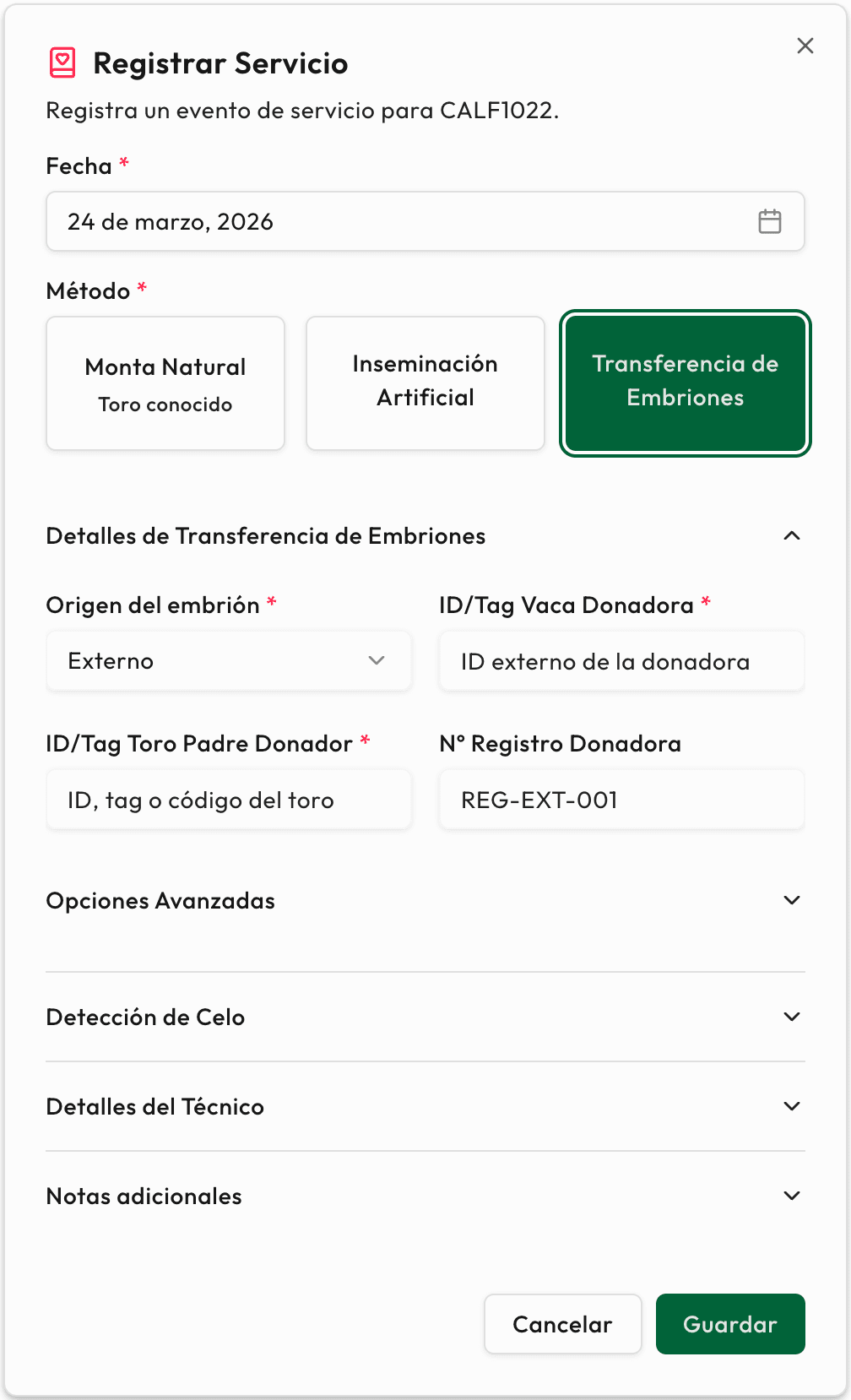 Formulario de servicios reproductivos con opciones natural, IA y transferencia de embriones