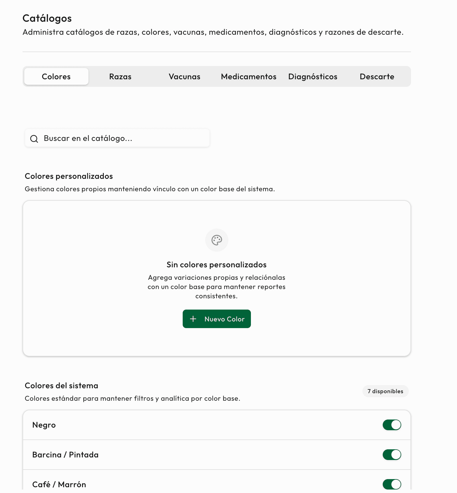 Pantalla de Catálogos con configuraciones operativas del hato
