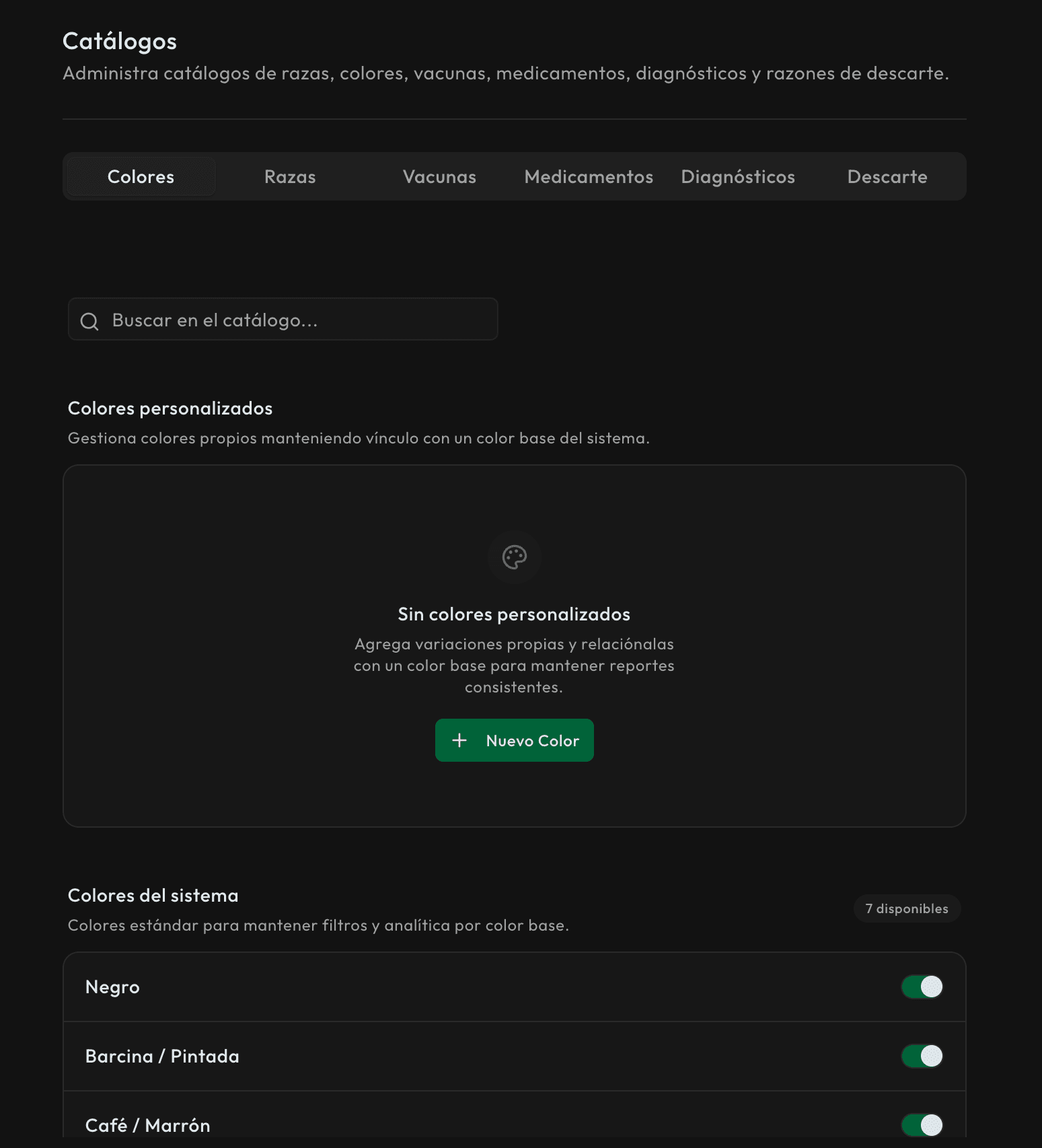 Pantalla de Catálogos con configuraciones operativas del hato