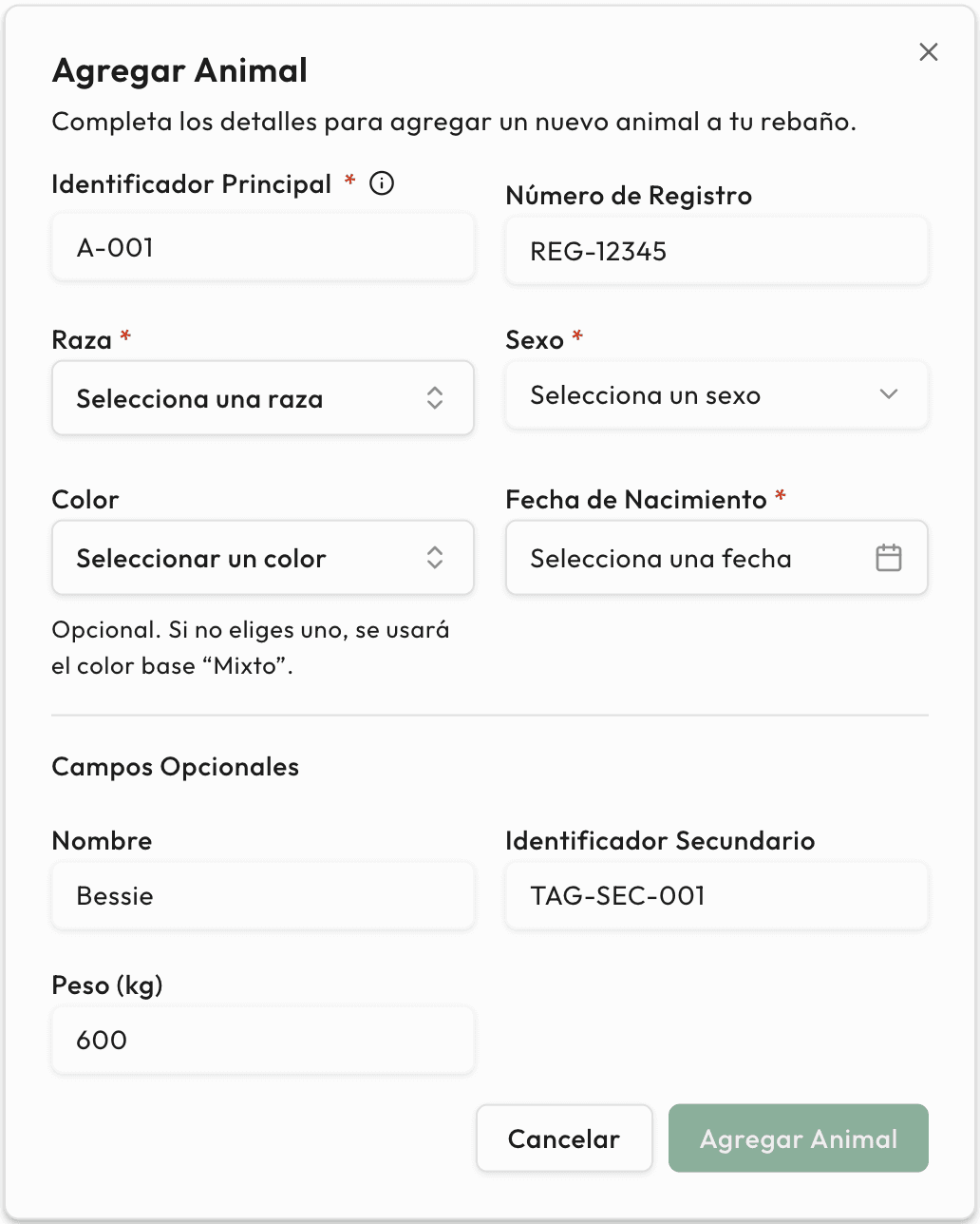 Menú para crear animales y cargar inventario