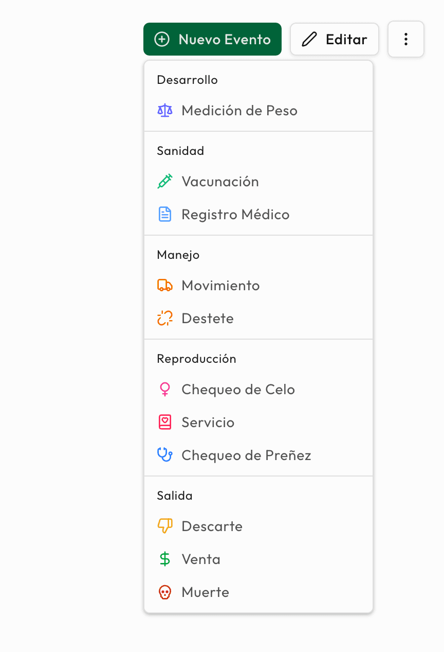 Menú de eventos diarios para registrar actividades del hato
