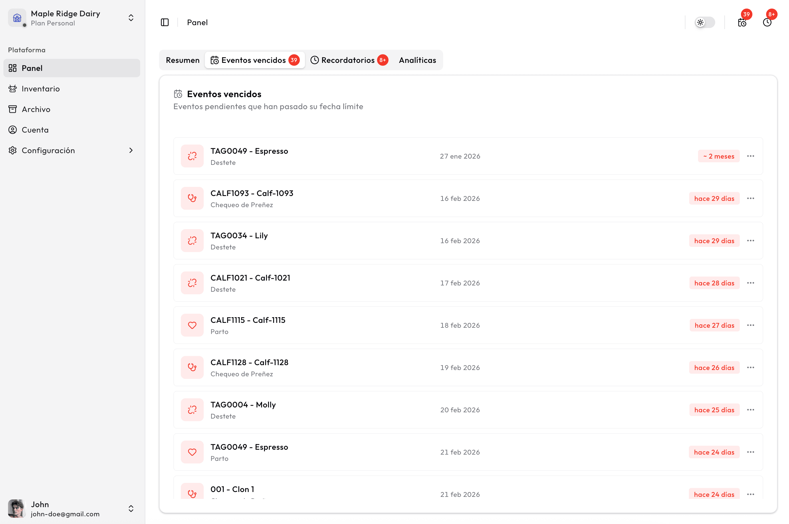 Vista de eventos vencidos en Kapataz