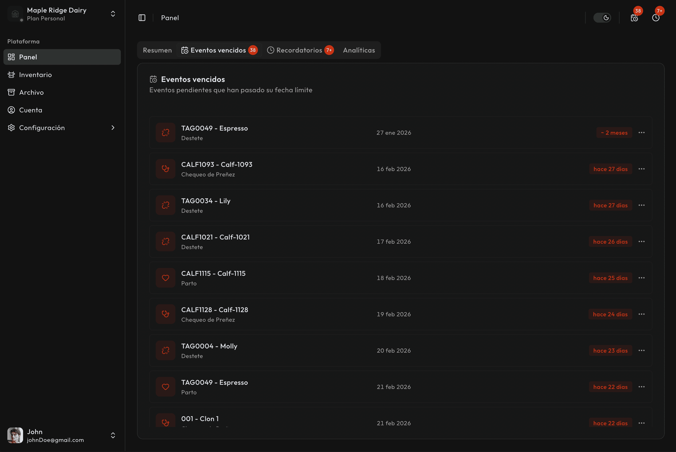 Vista de eventos vencidos en Kapataz